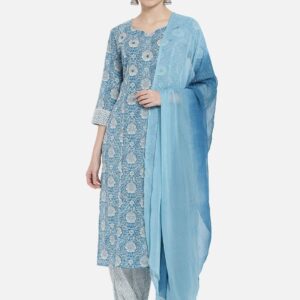 Floral Printed Notch Neck Gotta Patti Straight Kurta With Trousers & Dupatta
