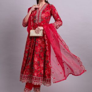 Floral Printed V-Neck Pure Cotton Panelled Anarkali Kurta With Trousers & Dupatta
