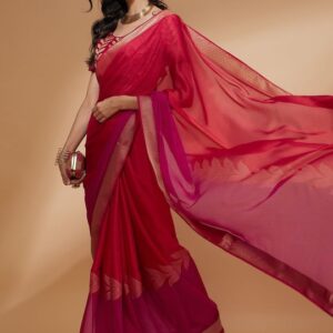 Pink Floral Woven Design Zari Detailed Pure Chiffon Saree