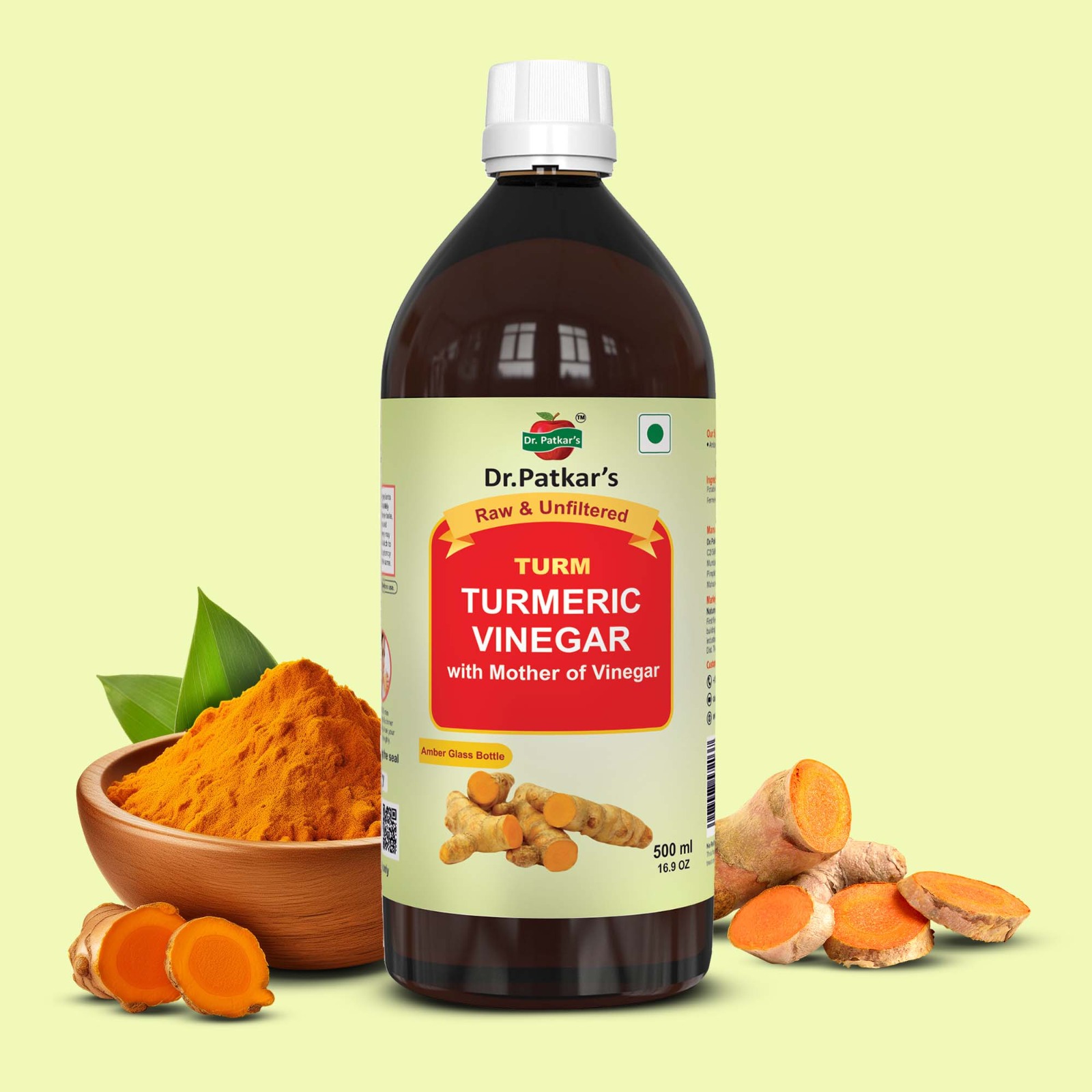 Dr. Patkar's Turmeric Vinegar Unfiltered, With Mother + Black Pepper (Piperine) Supports Weight Management, Boost Immunity & Detox, Skin Health | 500ml