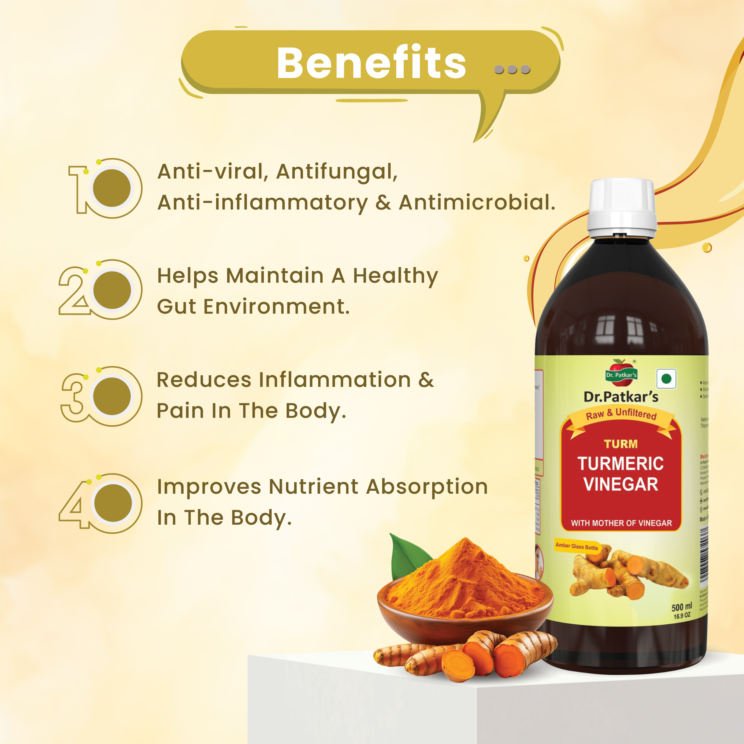 Dr. Patkar's Turmeric Vinegar Unfiltered, With Mother + Black Pepper (Piperine) Supports Weight Management, Boost Immunity & Detox, Skin Health | 500ml - Image 5