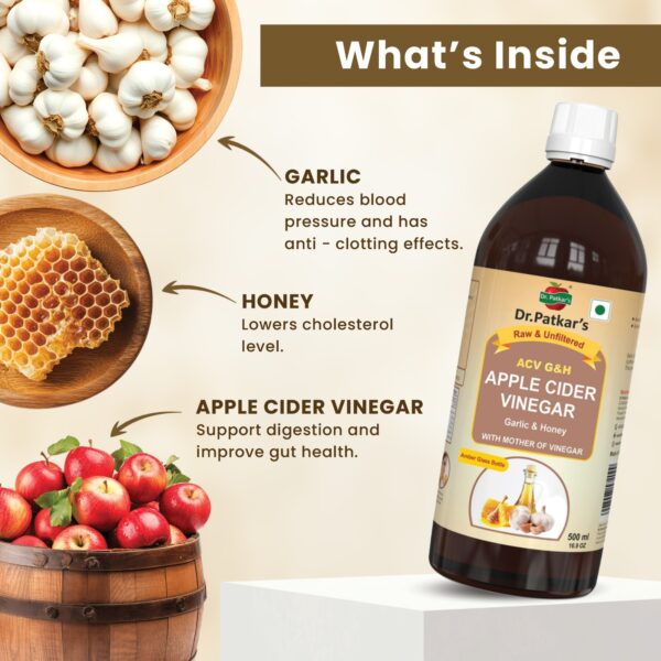 Dr. Patkar's Apple Cider Vinegar with Garlic & Honey 500ml | Unfiltered & Undiluted | Suitable for BP management and lowers bad cholesterol, Immunity (With Mother) 500ML - Image 4