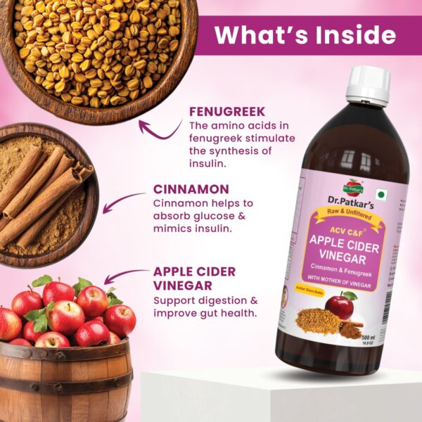Dr. Patkar's Apple Cider Vinegar with Cinnamon & Fenugreek | Unfiltered & Undiluted | Suitable for Sugar Control with Improved Immunity & Lowers Bad Cholesterol (With Mother) 500ml - Image 4