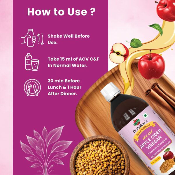 Dr. Patkar's Apple Cider Vinegar with Cinnamon & Fenugreek | Unfiltered & Undiluted | Suitable for Sugar Control with Improved Immunity & Lowers Bad Cholesterol (With Mother) 500ml - Image 6