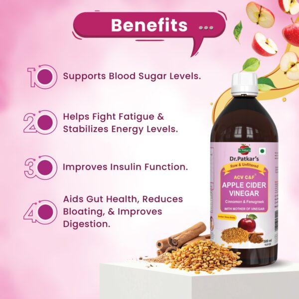 Dr. Patkar's Apple Cider Vinegar with Cinnamon & Fenugreek | Unfiltered & Undiluted | Suitable for Sugar Control with Improved Immunity & Lowers Bad Cholesterol (With Mother) 500ml - Image 5
