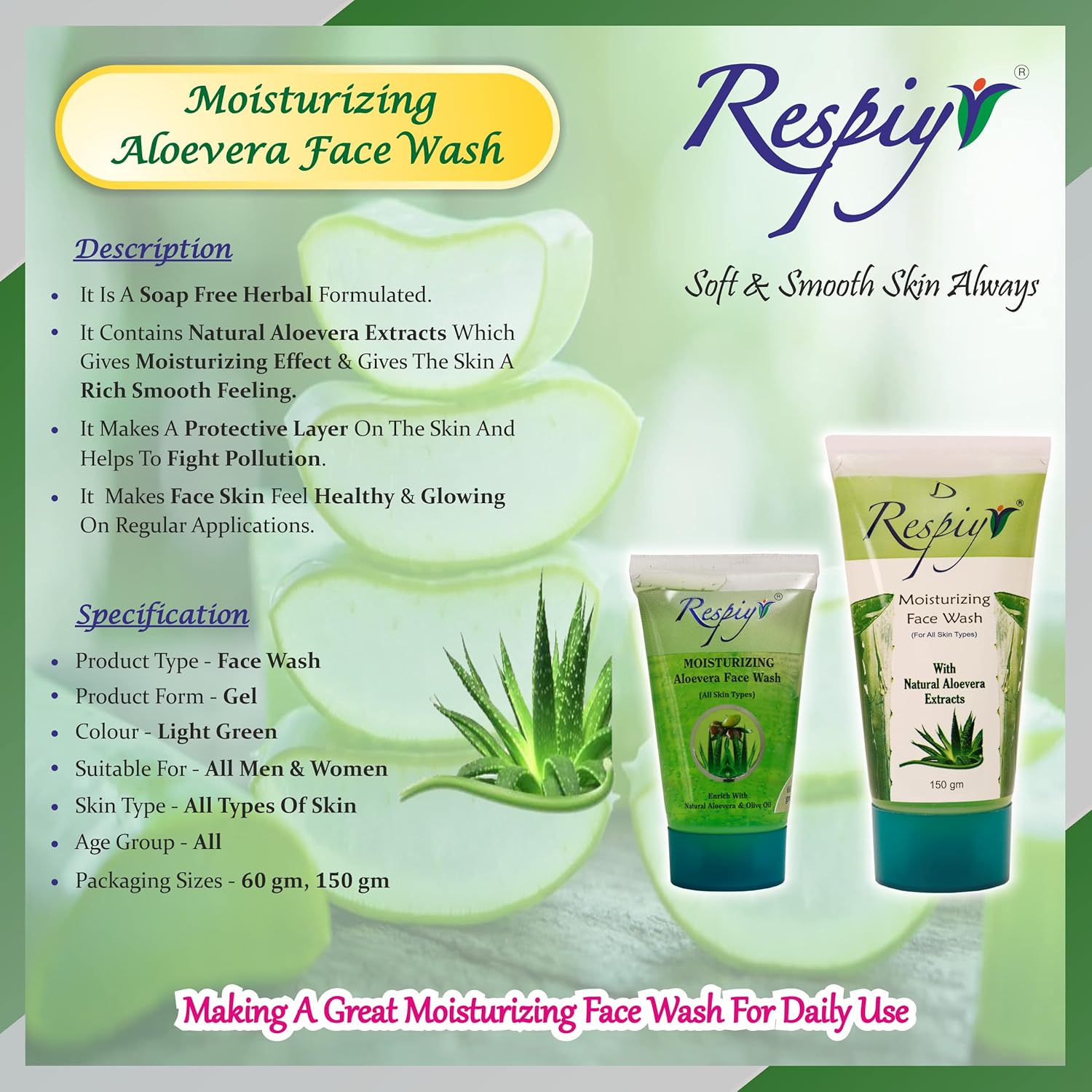 RESPIYR Moisturizing Aloe vera Facewash (150 gm) - Image 3